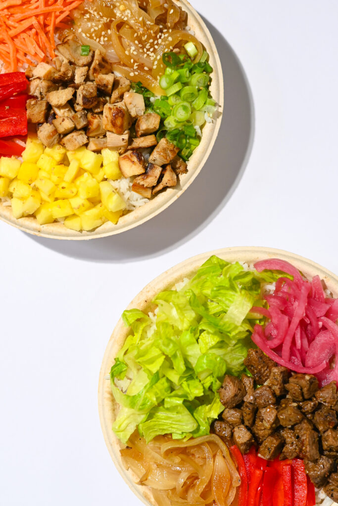 Healthy colorful food with chopsticks and palm leaf shadows on white background food photography St Pete  Florida 